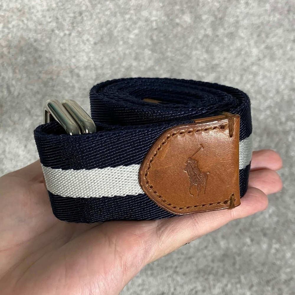 Polo Ralph Lauren Belt Mens Large Blue White Striped D-Ring Ribbon Webbing
